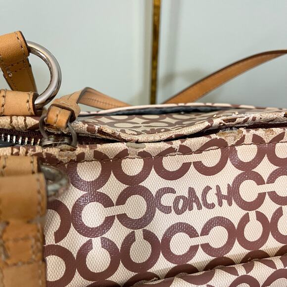 COACH Womens Satchel Shoulder Handbag Purse Signature Coated Canvas Brown Tan - Picture 14 of 16